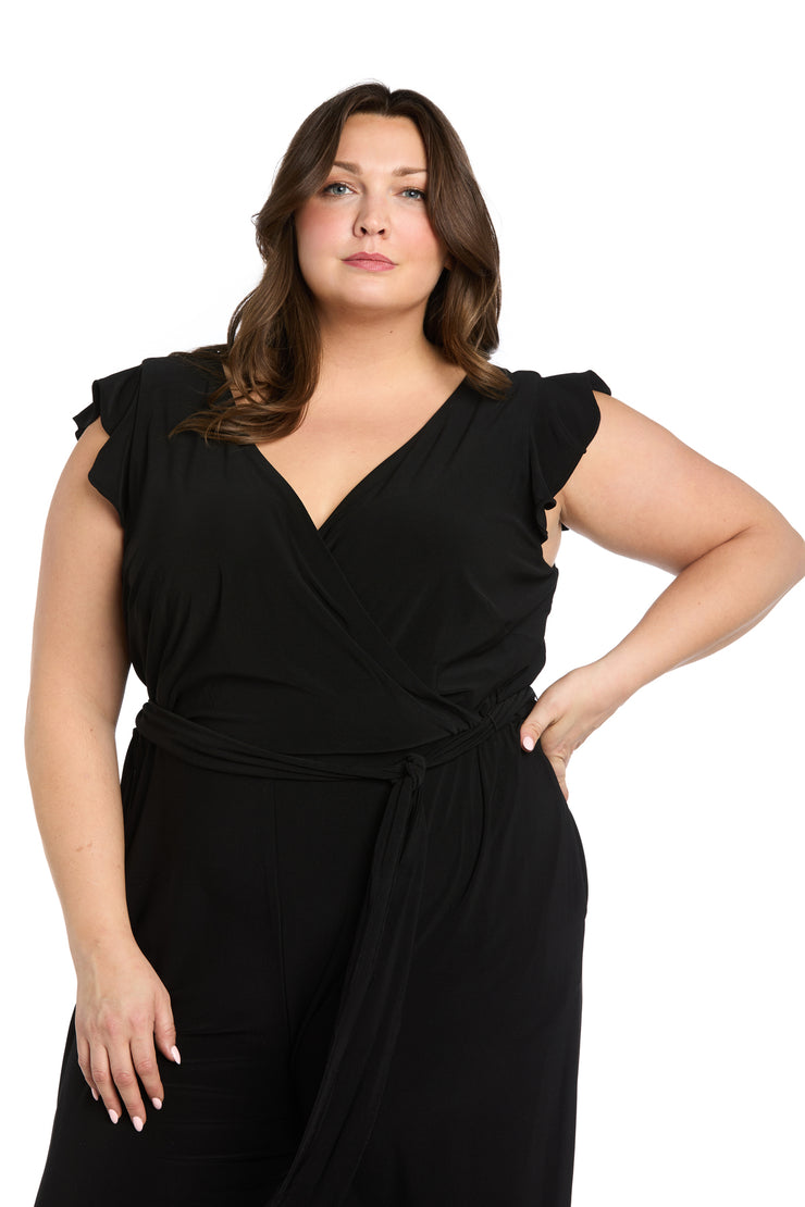 Versatile Black ITY Fabric Jumpsuit with Ruffled Shoulders and Tied Waist - Plus