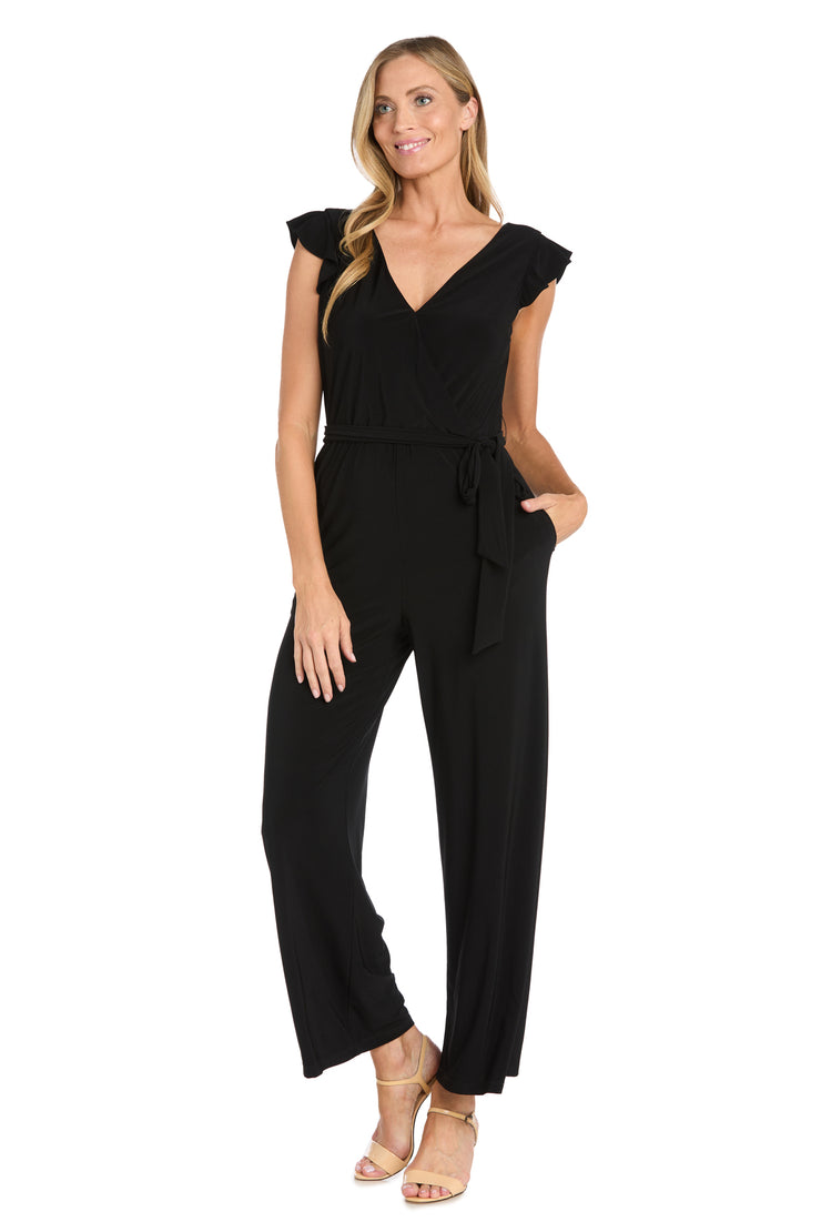 Versatile Black ITY Fabric Jumpsuit with Ruffled Shoulders and Tied Waist