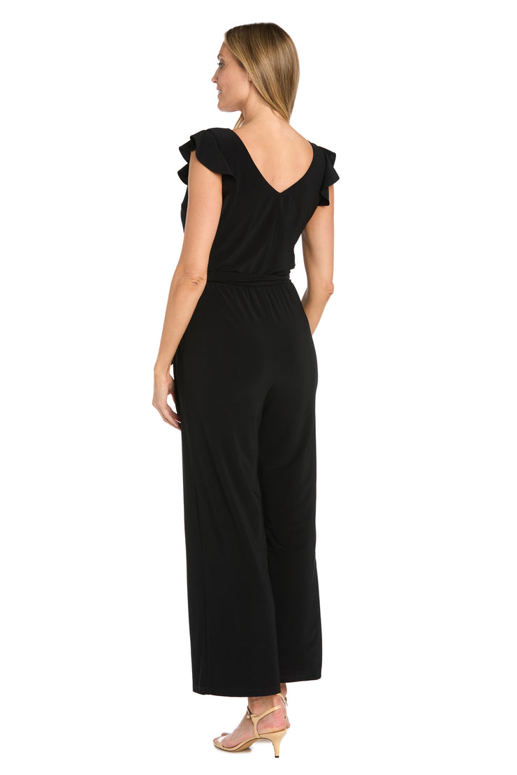 Versatile Black ITY Fabric Jumpsuit with Ruffled Shoulders and Tied Waist