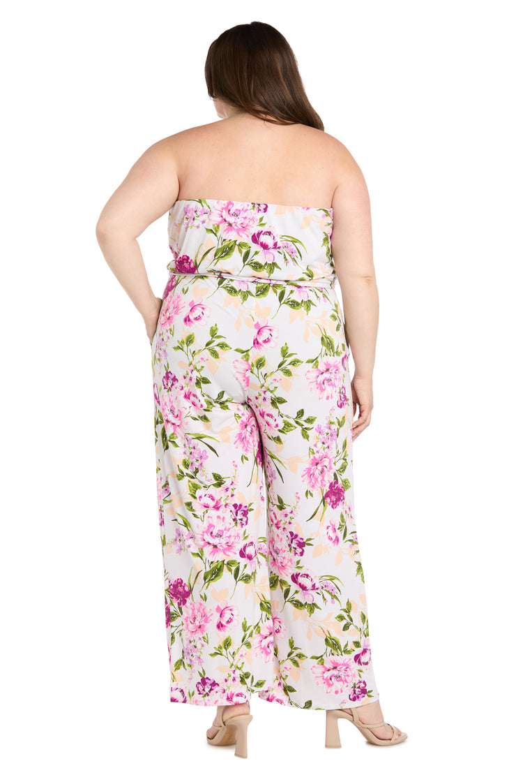 Strapless Pink & Green Floral Jumpsuit with Bow Tie Waist - Plus