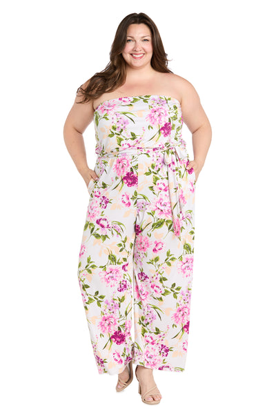 Strapless Pink & Green Floral Jumpsuit with Bow Tie Waist - Plus