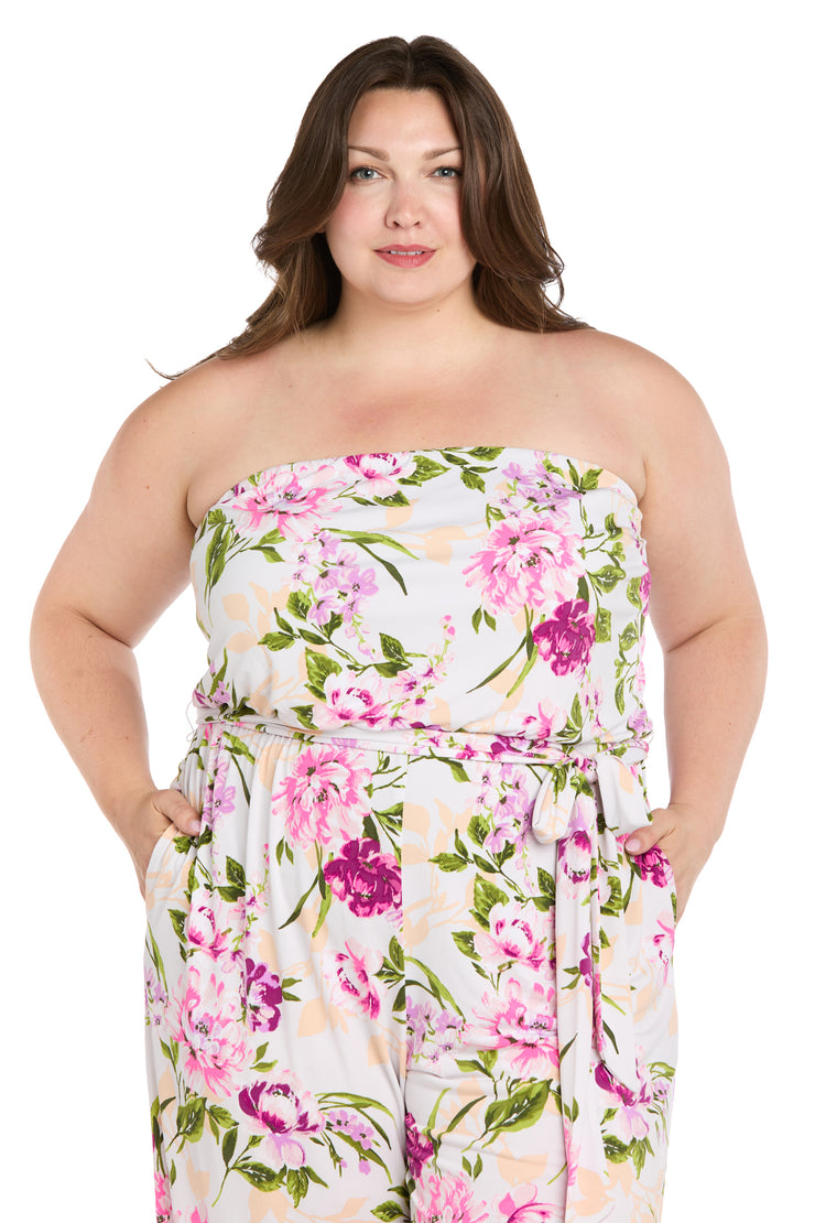 Strapless Pink & Green Floral Jumpsuit with Bow Tie Waist - Plus