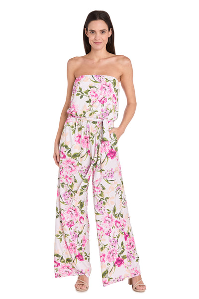 Strapless Pink & Green Floral Jumpsuit with Bow Tie Waist