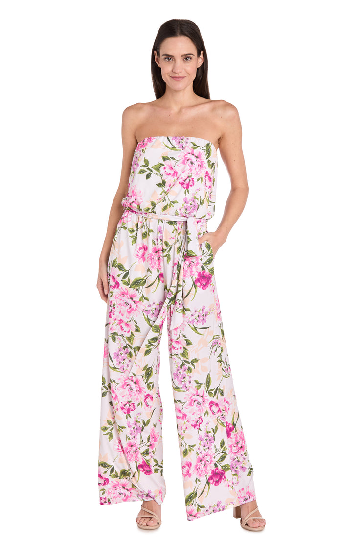 Strapless Pink & Green Floral Jumpsuit with Bow Tie Waist