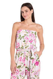 Strapless Pink & Green Floral Jumpsuit with Bow Tie Waist