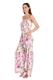 Strapless Pink & Green Floral Jumpsuit with Bow Tie Waist