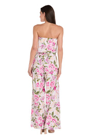 Strapless Pink & Green Floral Jumpsuit with Bow Tie Waist