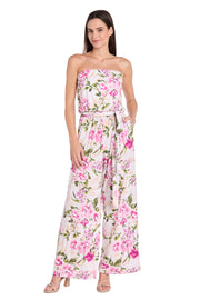Strapless Pink & Green Floral Jumpsuit with Bow Tie Waist