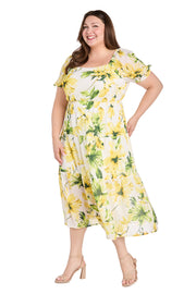 Plus Size Printed Cocktail Dress Midi Length R&M Richards 6672W - Yellow/Green/White / 22W Plus Size Printed Cocktail Dress Midi Length R&M Richards 6672W - Yellow/Green/White / 22W