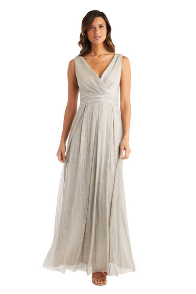 Long Crinkle Pleated Sleeveless Dress with Rhinestone Trio Waistband