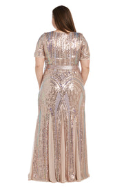 Short Sleeve Sequined Rainbow Evening Gown with Ribbon Sash - Plus