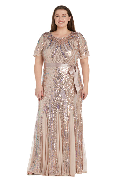 Short Sleeve Sequined Rainbow Evening Gown with Ribbon Sash - Plus