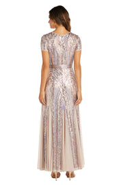 Short-Sleeve Sequined Rainbow Evening Gown with Ribbon Sash - Petite