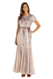 Short Sleeve Sequined Rainbow Evening Gown with Ribbon Sash