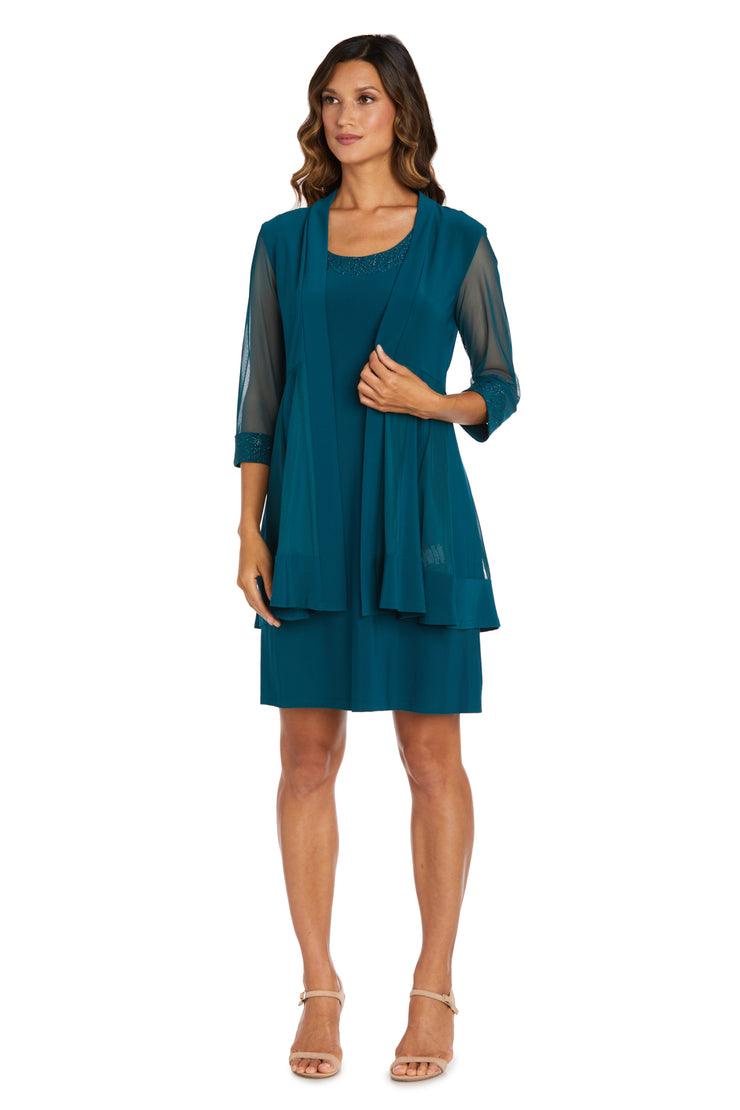 Shift Dress with Sparkling Neckline and Soft Jacket with Sheer Sleeves - Petite