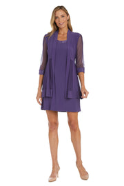 Shift Dress with Sparkling Neckline and Soft Jacket with Sheer Sleeves