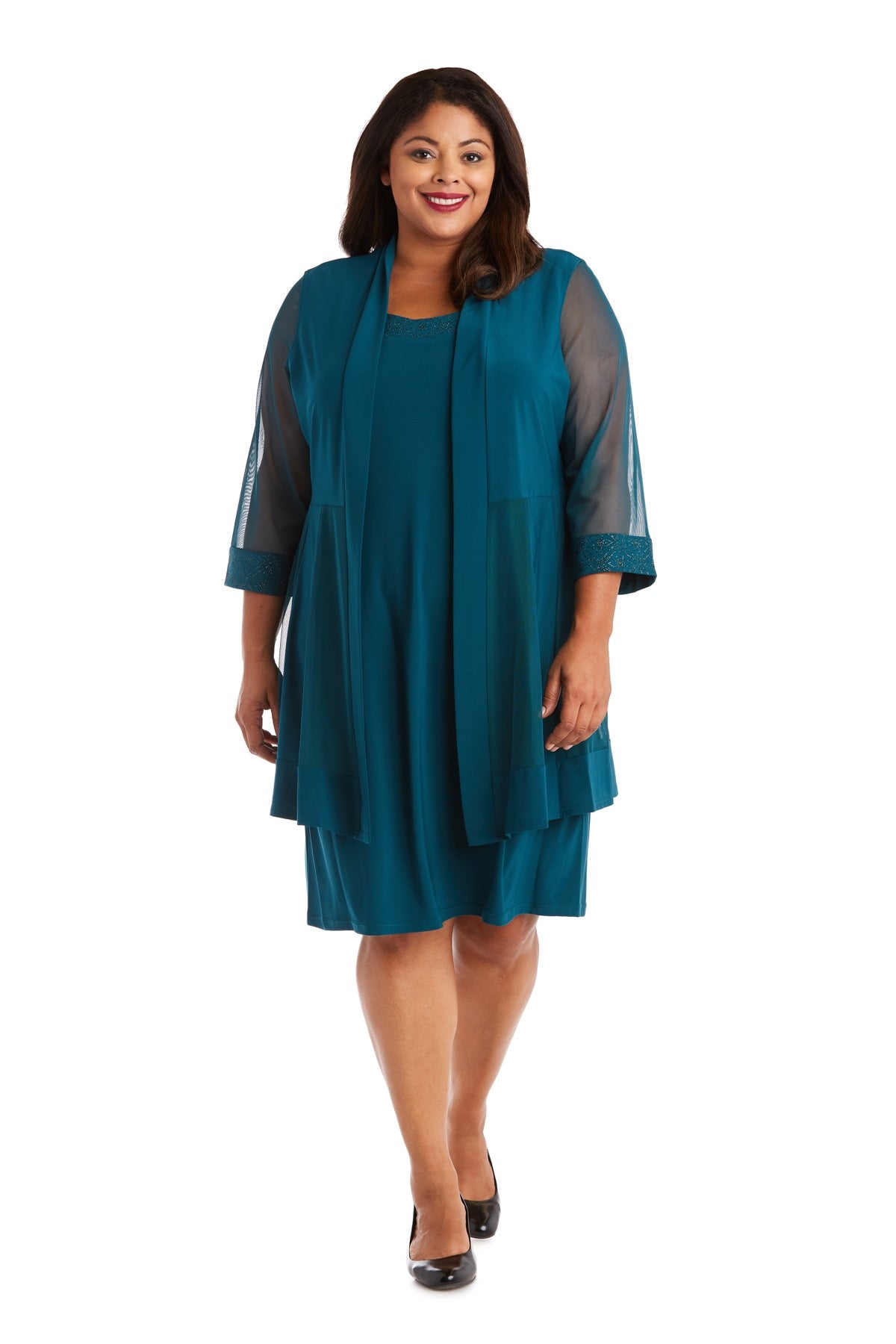 Shift Dress with Sparkling Neckline and Soft Jacket with Sheer Sleeves ...