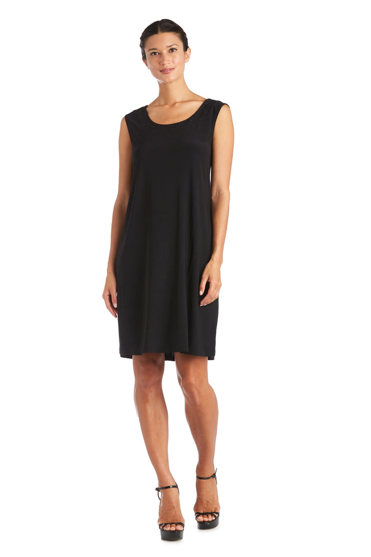 Shift Dress with Sparkling Neckline and Soft Jacket with Sheer Sleeves