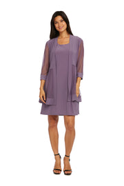 Shift Dress with Sparkling Neckline and Soft Jacket with Sheer Sleeves