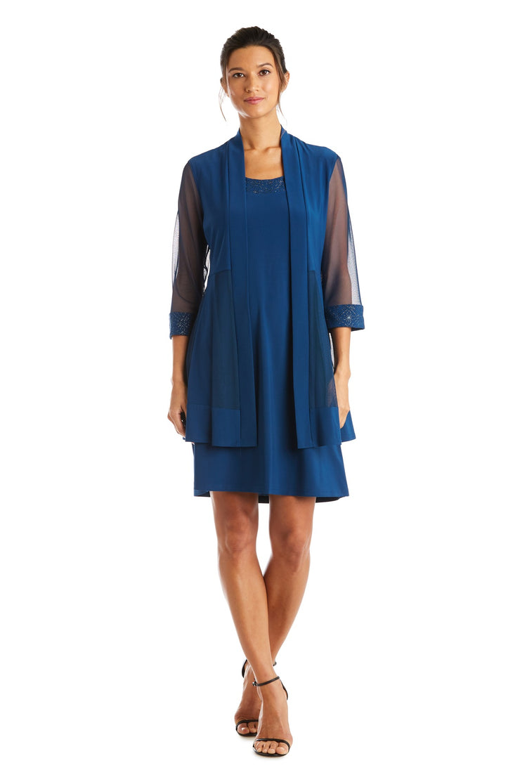 Shift Dress with Sparkling Neckline and Soft Jacket with Sheer Sleeves