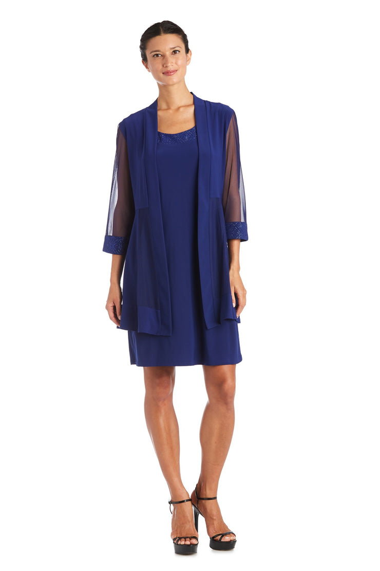 Shift Dress with Sparkling Neckline and Soft Jacket with Sheer Sleeves