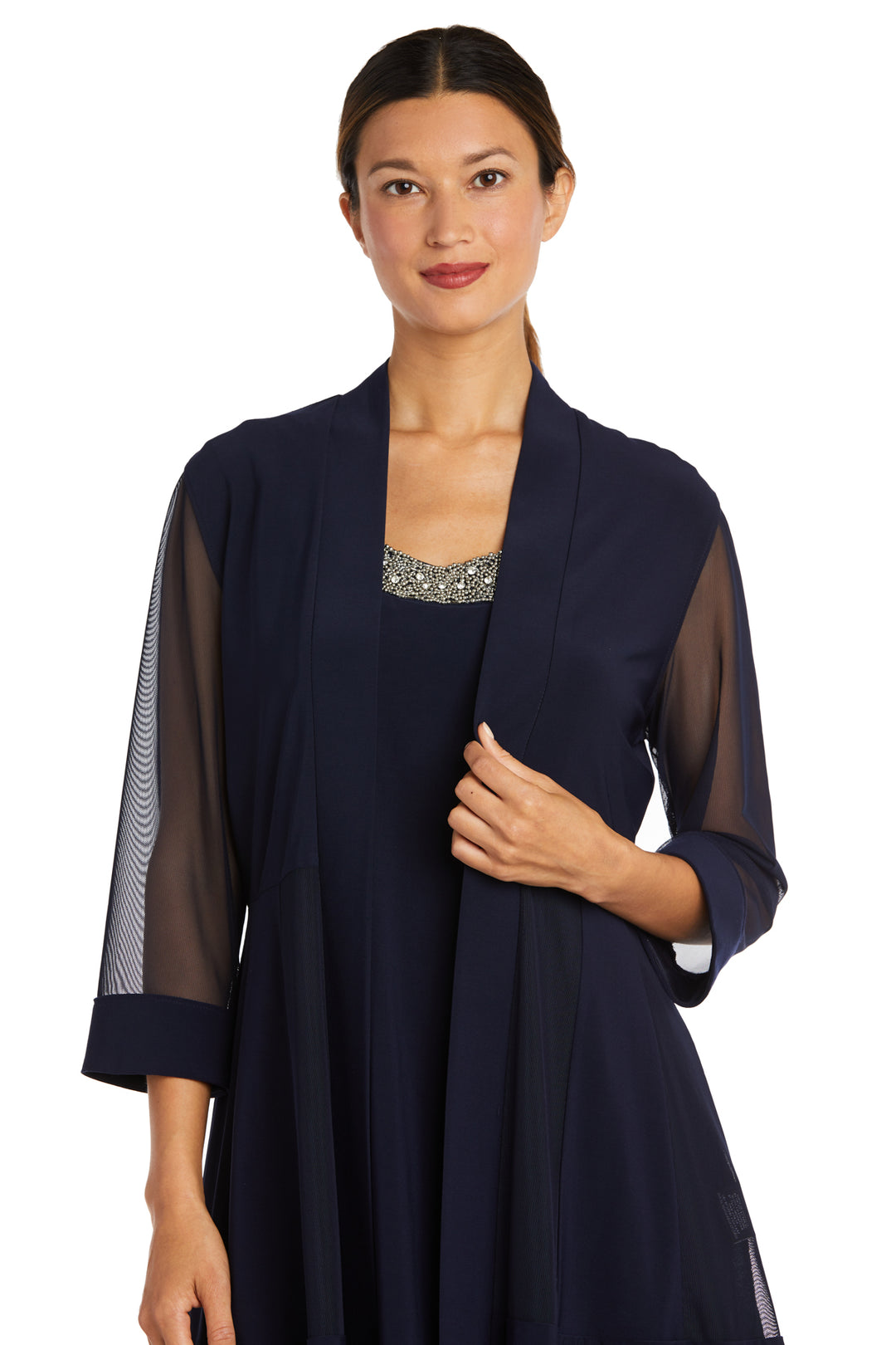 R & M Richards Embellished Dress and Illusion Duster Jacket - Navy