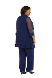 Three Piece Pantsuit With Sheer Sleeves and Neckline Beading - Plus