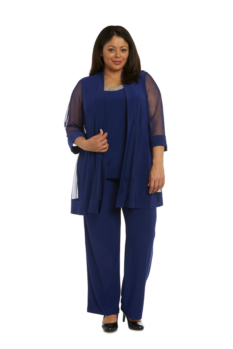 Three Piece Pantsuit With Sheer Sleeves and Neckline Beading - Plus