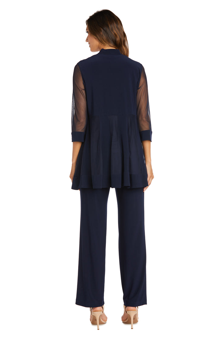 Three Piece Pantsuit With Sheer Sleeves and Neckline Beading