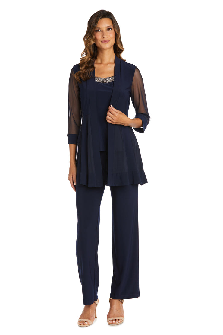 Three Piece Pantsuit With Sheer Sleeves and Neckline Beading