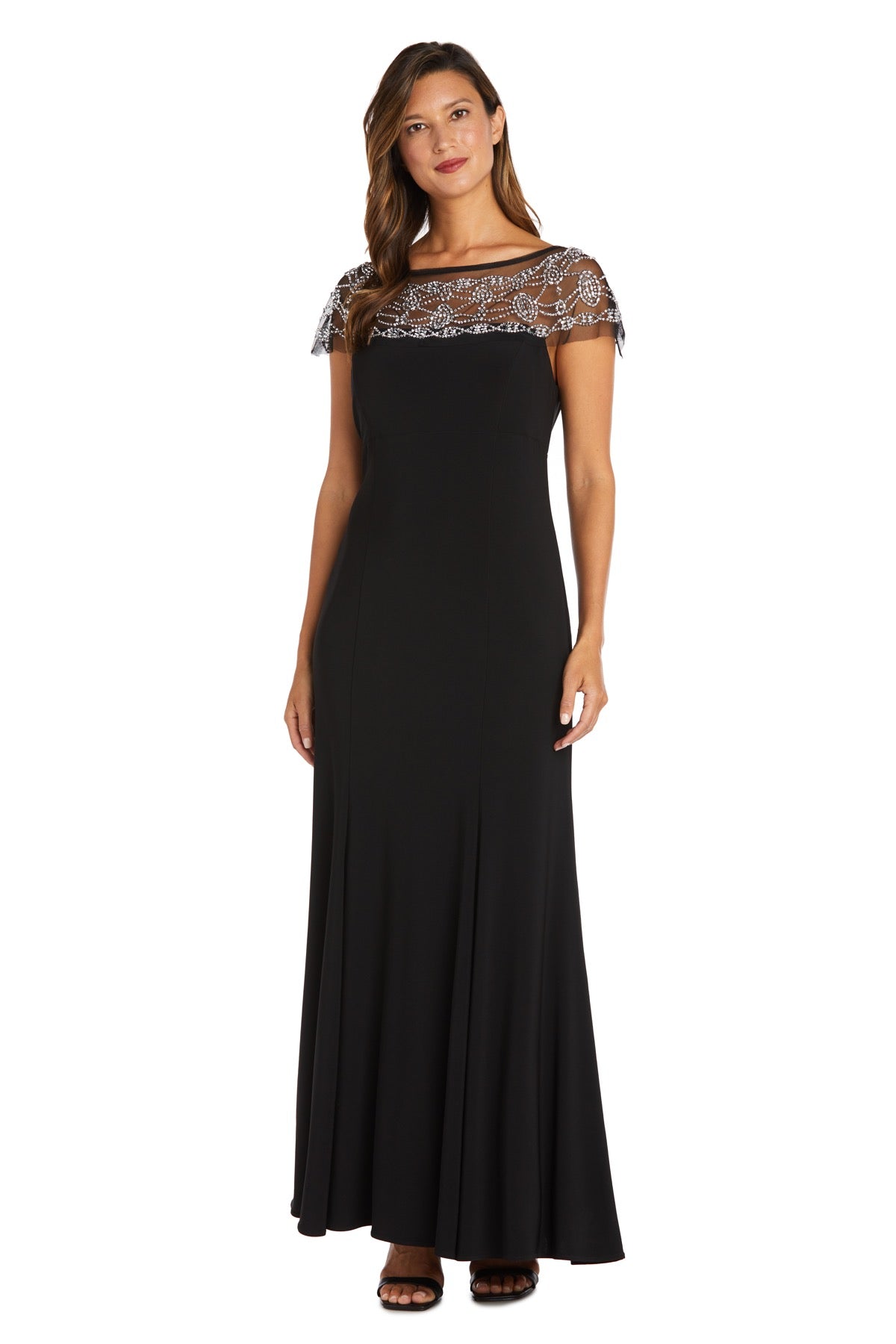 Long Dress with Sheer Beaded Neck and Shoulder Detail – R&M Richards