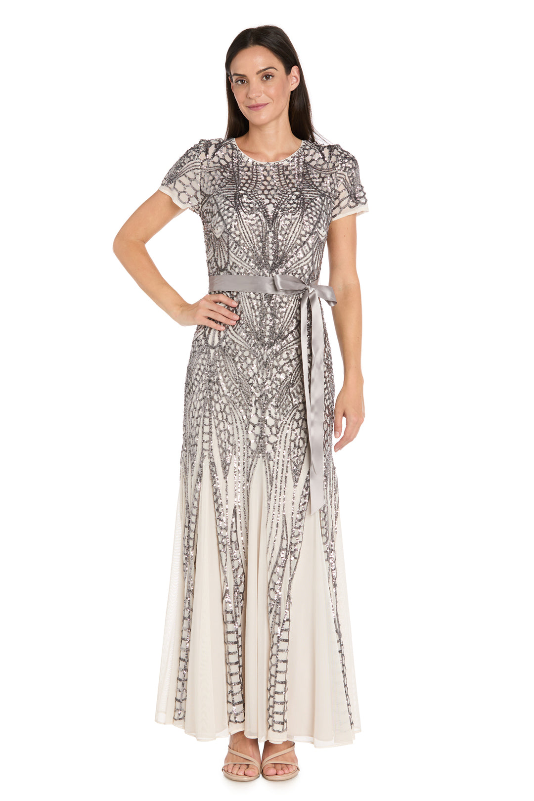 R & M Richards Women's Long Sequin Short-Sleeve Ball Gown - Ivory/Pewter