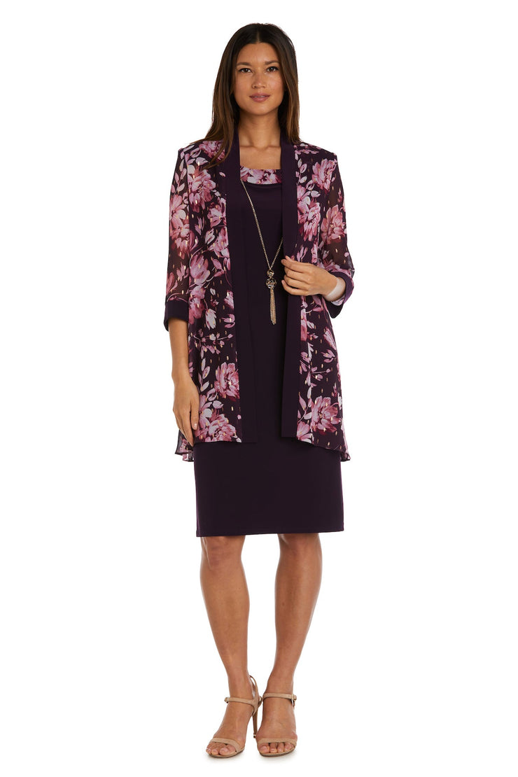Two Piece Printed Floral Jacket and Dress Set - Petite