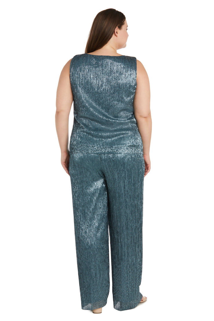 Three Piece Crinkle Pantsuit with A Mesh Chiffon Jacket and Necklace - Plus