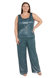Three Piece Crinkle Pantsuit with A Mesh Chiffon Jacket and Necklace - Plus