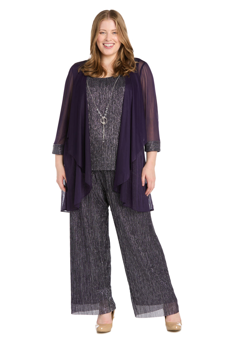 Three Piece Crinkle Pantsuit with A Mesh Chiffon Jacket and Necklace - Plus