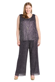 Three Piece Crinkle Pantsuit with A Mesh Chiffon Jacket and Necklace - Plus