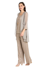 Three Piece Crinkle Pantsuit with a Mesh Chiffon Jacket and Necklace