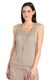 Three Piece Crinkle Pantsuit with a Mesh Chiffon Jacket and Necklace