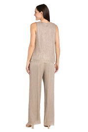Three Piece Crinkle Pantsuit with a Mesh Chiffon Jacket and Necklace
