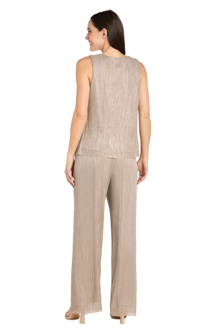 Three Piece Crinkle Pantsuit with a Mesh Chiffon Jacket and Necklace