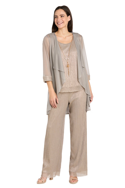 Three Piece Crinkle Pantsuit with A Mesh Chiffon Jacket and Necklace - Petite
