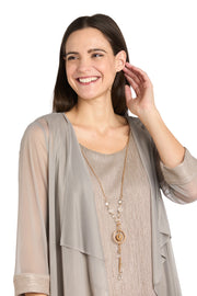 Three Piece Crinkle Pantsuit with a Mesh Chiffon Jacket and Necklace