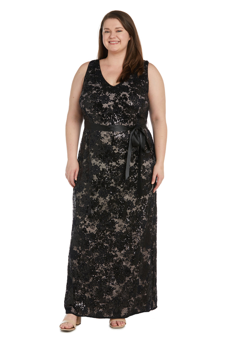 Black Lace Evening Gown With Satin Sash - Plus