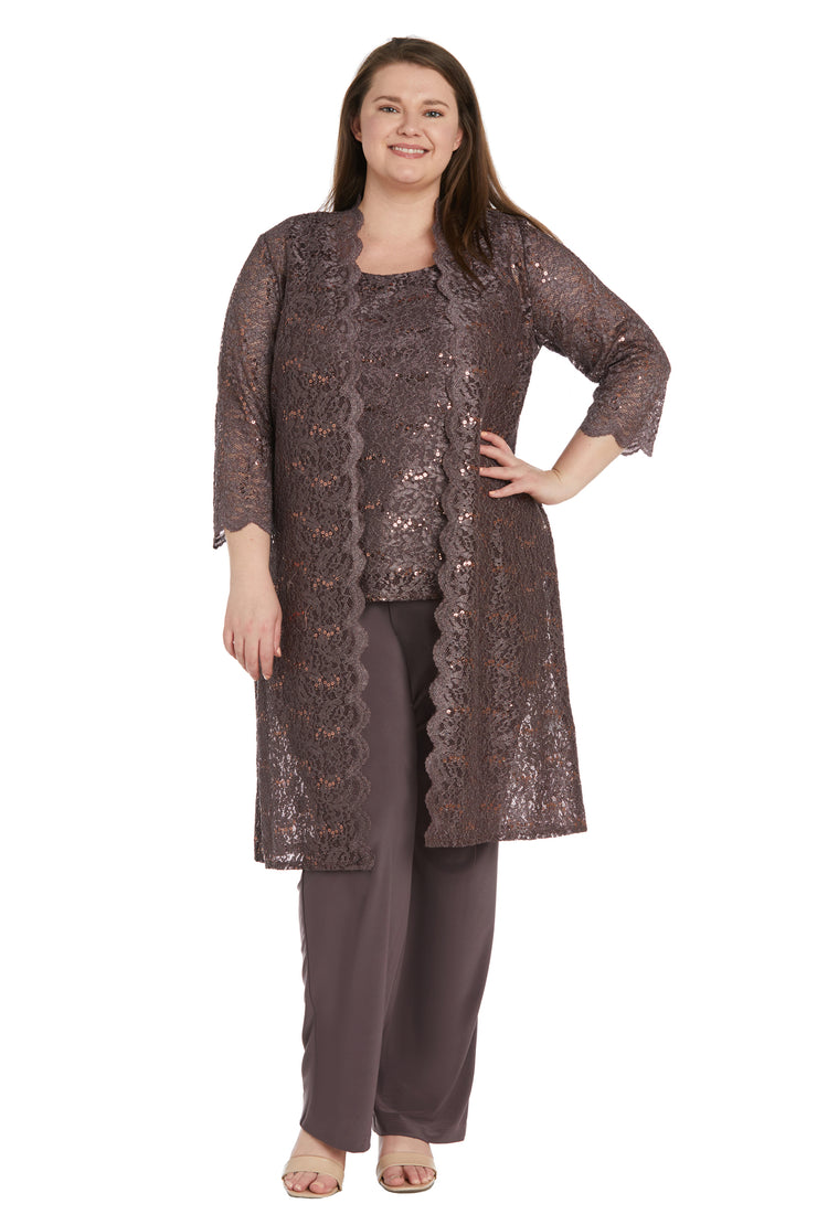 Metallic Lace Tank Top and Pant Set with Sheer Lace Jacket - Plus