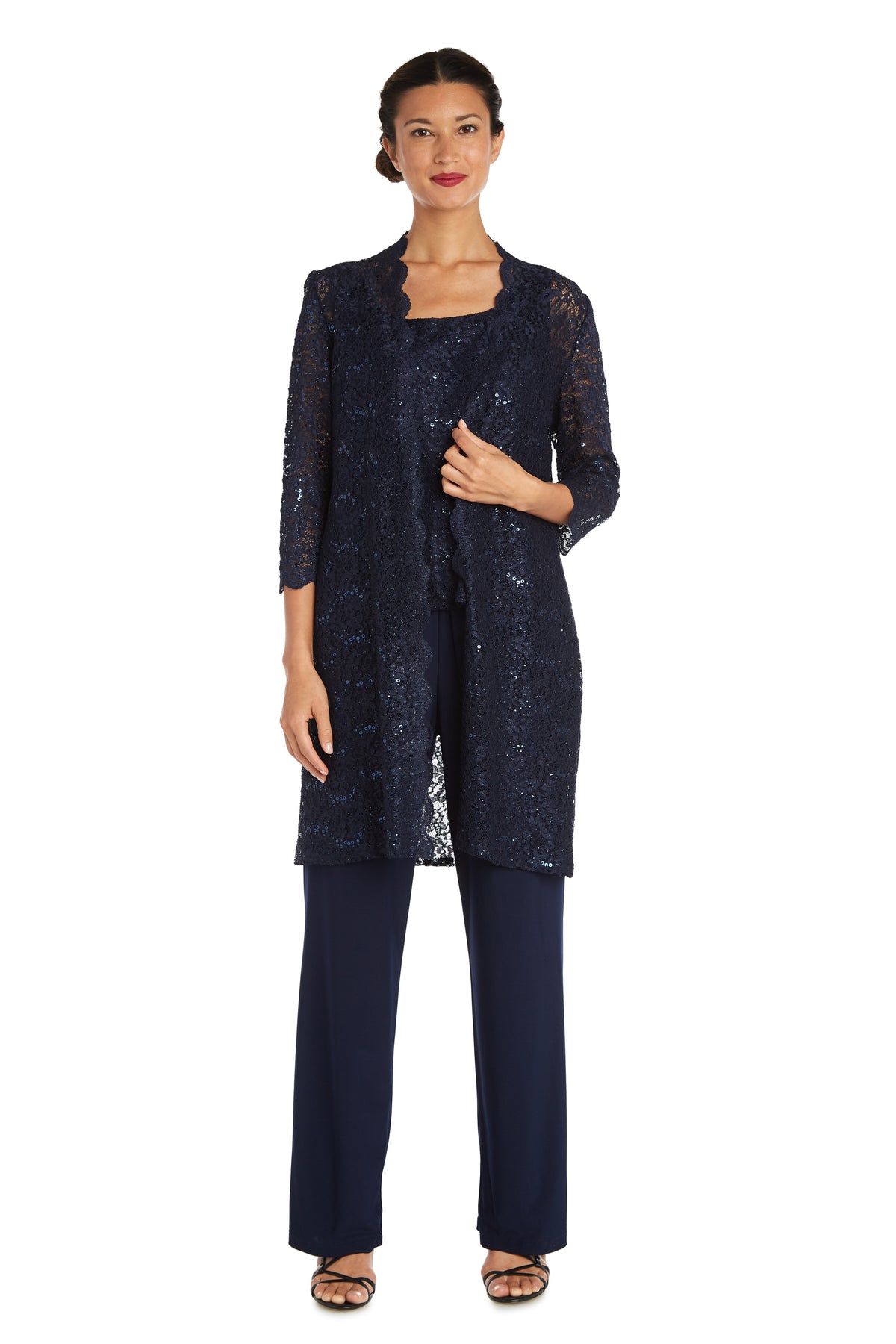 Metallic Lace Tank Top and Pant Set with Sheer Lace Jacket – R&M Richards