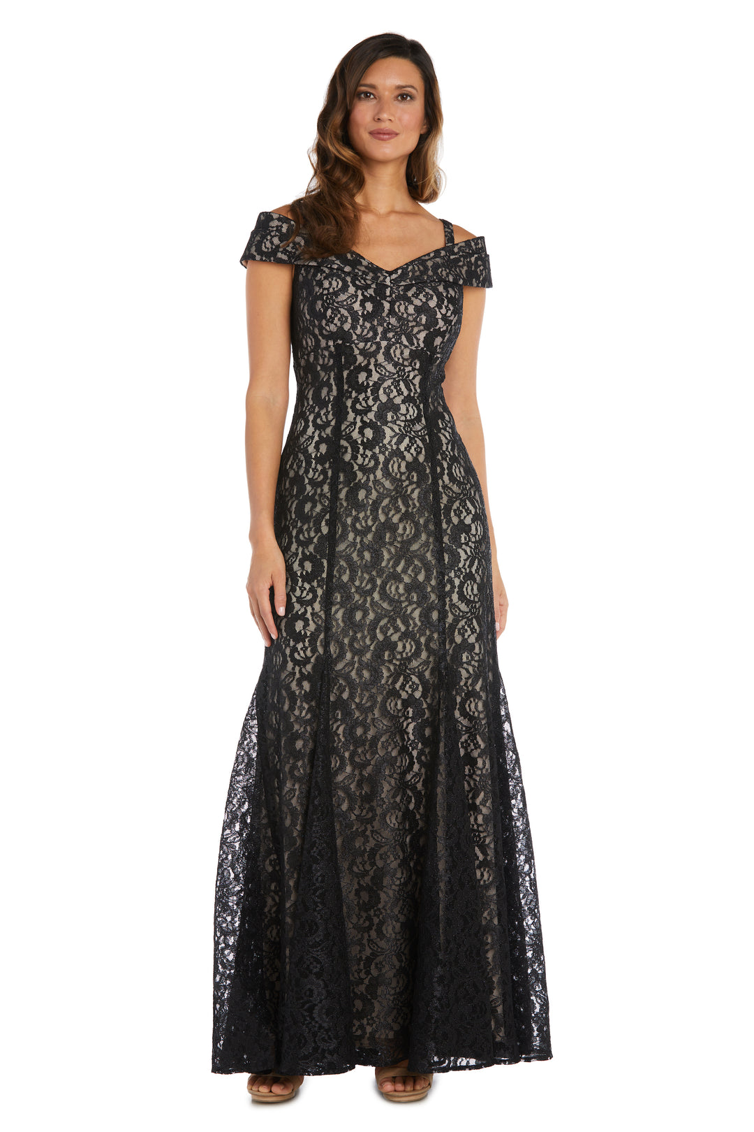 RM Richards Black Off the Shoulder Fishtail deals Shimmer Lace Dress