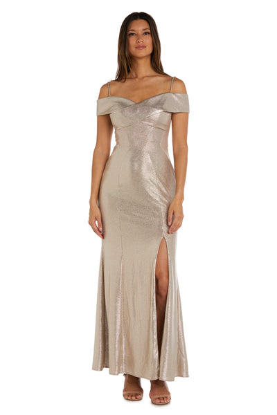 Nightway Long Shimmer Off the Shoulder Gown