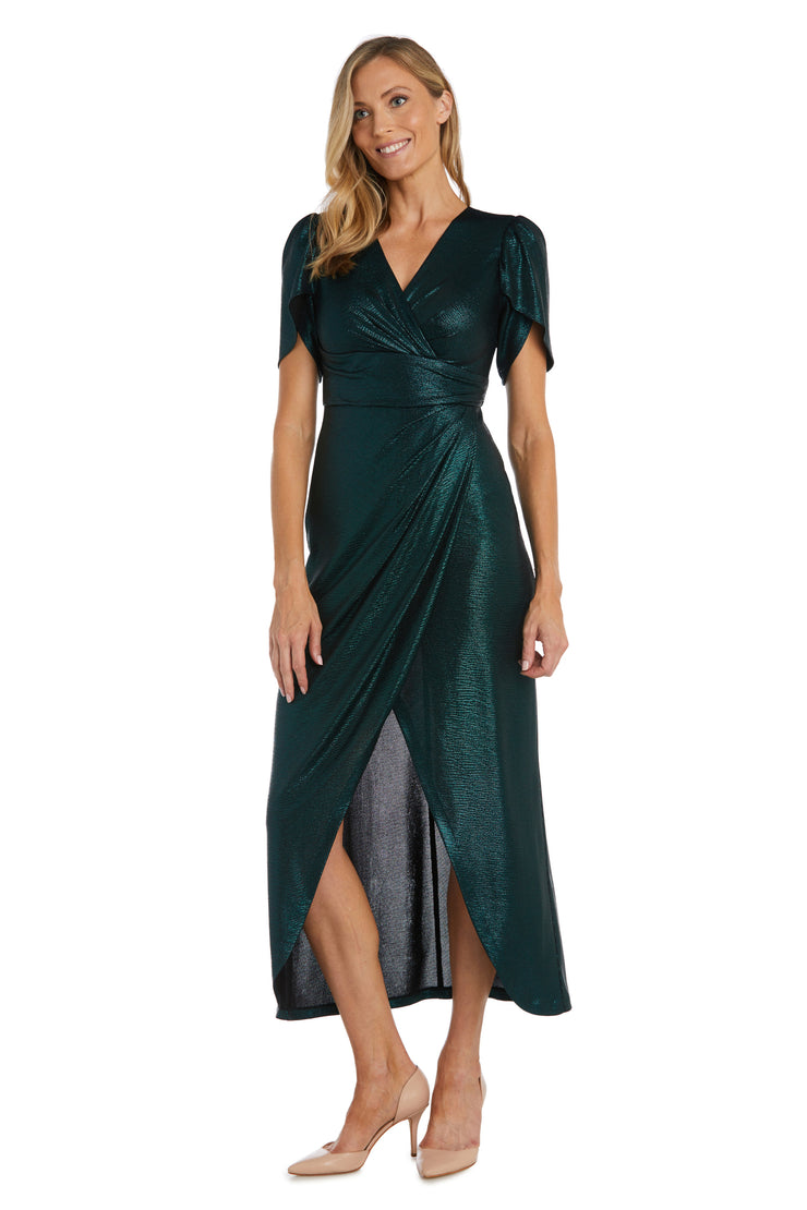 Nightway Long Shimmer V-Neck Wrap Gown - Petite