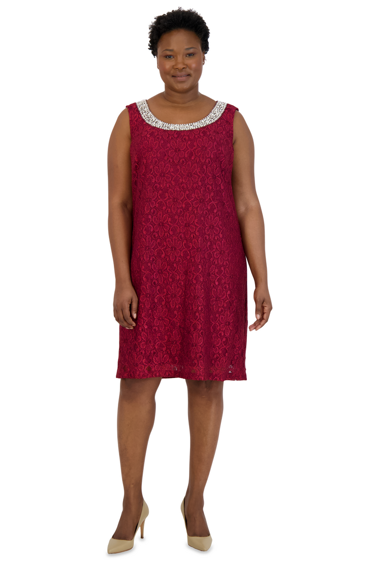 Lace Shift Dress with Pearl Embellishment - Plus